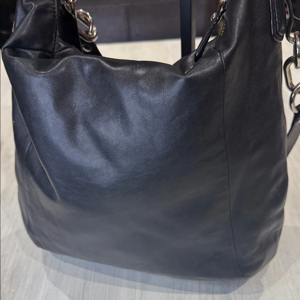 Vintage Coach Black Leather Shoulder Bag with Silver Accents